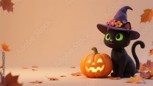 Charming black cat with pumpkin in pastel halloween background 3d wallpaper for spooky celebrations