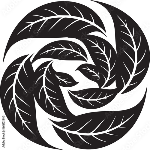 Elegant black leaves form a stunning circular design, ideal for eco-friendly branding or minimalist decor
