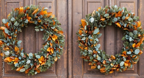 Two festive fall wreaths adorned with eucalyptus and magnolia leaves on a wooden door.