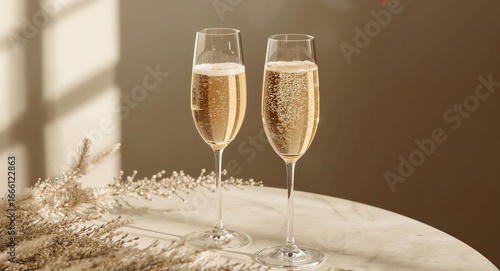 Two Glasses of Champagne on a Marble Table with Decorative Twigs, Warm Light.