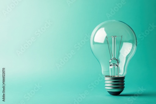 Clear lightbulb with metallic base is positioned against soft pastel green background, creating serene and modern aesthetic. bulb transparent design allows for glimpse of filament inside