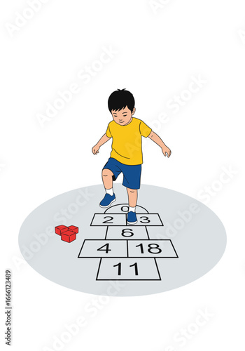 Joyful child actively playing hopscotch on a sunny day, enjoying outdoor fun and classic childhood games