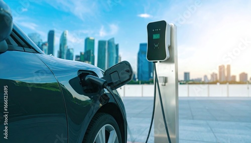 Electric Vehicle Charging at Modern City Rooftop