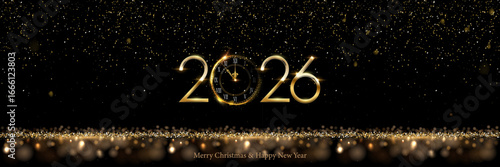 2026 Happy New Year greeting card vector background. 2026 golden numbers with clock countdown, falling confetti and glow light effects. Luxury festive sparkle holiday postcard, invitation, banner.
