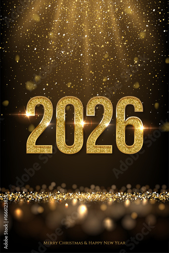 2026 Happy New Year greeting card vector background. 2026 golden numbers with falling confetti and glow light effects on black. Luxury festive sparkle holiday postcard, invitation, banner.