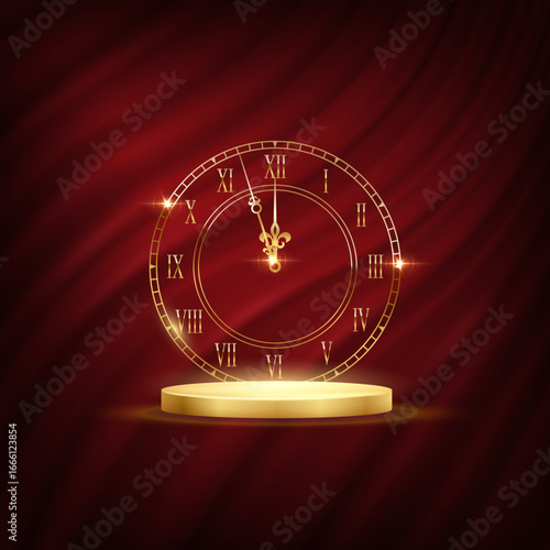 Happy New Year greeting card vector background. Gold clock face with midnight time, glow light effects and golden podium on dark red curtains backdrop. Luxury festive square banner, poster, card.