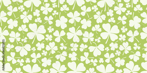 Shamrock or clover leaf horizontal green seamless pattern falling leaves on white background vector illustration. Irish holiday celtic St Patrick day motif seamless pattern with shamrock clover leaf.