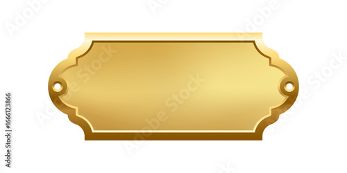Blank golden nameplate plaque with decorative edges and screw holes. Empty metallic label for engraving, signage, awards, door signs. Realistic vector illustration.