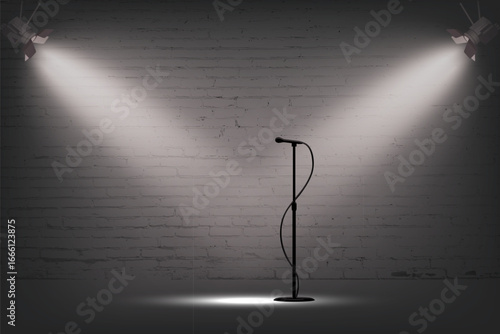 Microphone and spotlights on empty stage. Black mic stand under white lights in front of brick wall for music performance, podcast, comedy or singing contest. Realistic vector illustration.