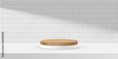 Round wooden podium on white background with ceramic tile wall. Minimal product display stage with natural wood texture, clean lighting and soft shadows. Abstract vector illustration.