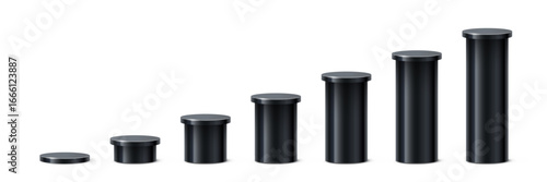 Black cylindrical podiums in ascending height. Minimalist 3D columns for ranking, data visualization, infographics, or product display. Realistic vector illustration.
