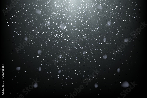 Snow spotlight background. Silver glitter light backdrop. Shiny white sparkles falling with glowing rays on dark. Festive,. celebration, luxury design, holiday decoration. Vector illustration.