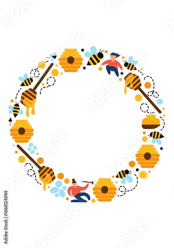Whimsical bee and honey themed circular frame with playful characters and sweet treats