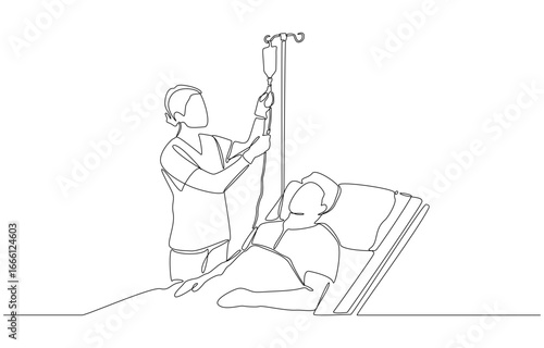 Continuous one line drawing of nurse attending to patient lying in hospital bed with IV drip, healthcare and medical treatment concept, single line art
