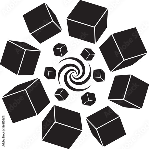 Dynamic swirling vortex with geometric cubes offers a modern abstract design element for bold creative projects