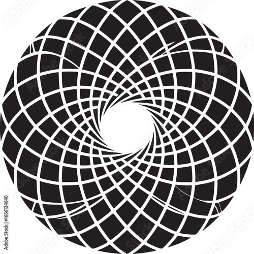 Dynamic black and white vortex background with swirling lines creates a hypnotic, eye-catching effect