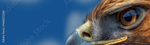 Extreme close-up of the side view of an eagle eye and beak with intricate feather details, against a blue sky with clouds and copy space. Generative Ai.