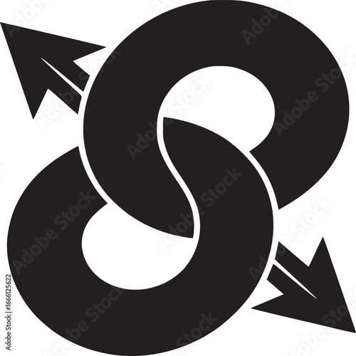 Dynamic black interlocked circles with directional arrows convey movement and connectivity in bold design