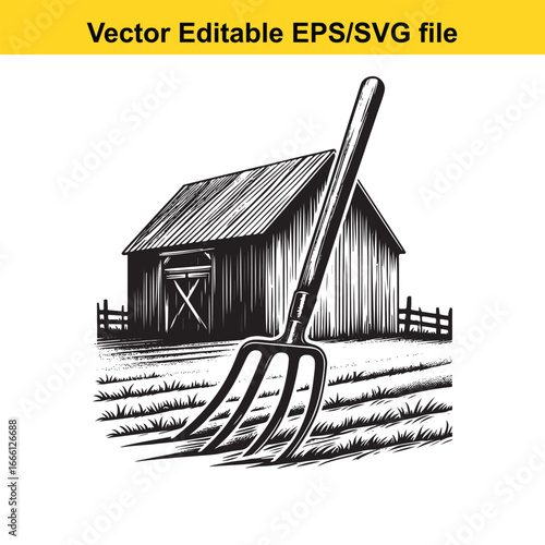Farm barn with pitchfork in a field, vector illustration