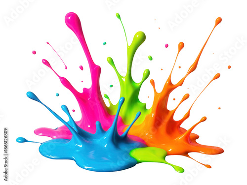 Acrylic paint splatter, neon colors on a dark surface