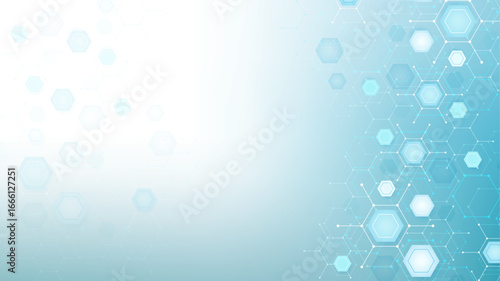 Health care or medical abstract background with hexagons, lines and dots. Scientific innovation banner template concept. Biology and pharmaceutical technology background. Vector illustration.