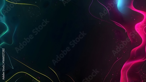 Abstract design featuring vibrant neon lines and glowing textures against a dark background.