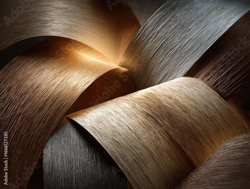 Abstract wood veneer ribbons in warm and cool tones