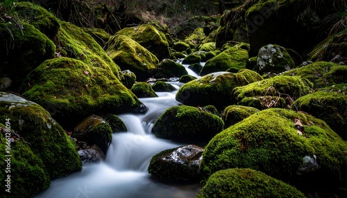 Mountain stream with mossy rocks