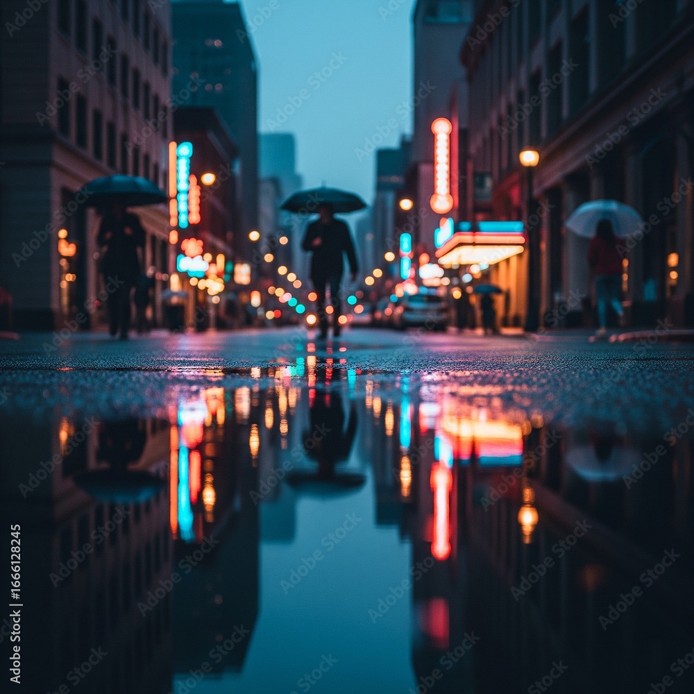 Fototapeta premium Rainy dusk puddle light reflections city backdrop