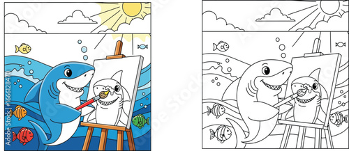 Cute cartoon shark artist painting a self-portrait on a canvas underwater. Vector illustration and coloring page for kids.