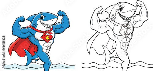 Muscular superhero shark with a cape flexing its biceps. Strong cartoon character for comics. Vector illustration and coloring page.