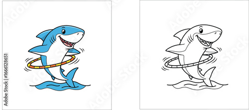 Happy cartoon shark exercising and playing with a hula hoop in the water. Fun vector illustration and coloring book page.