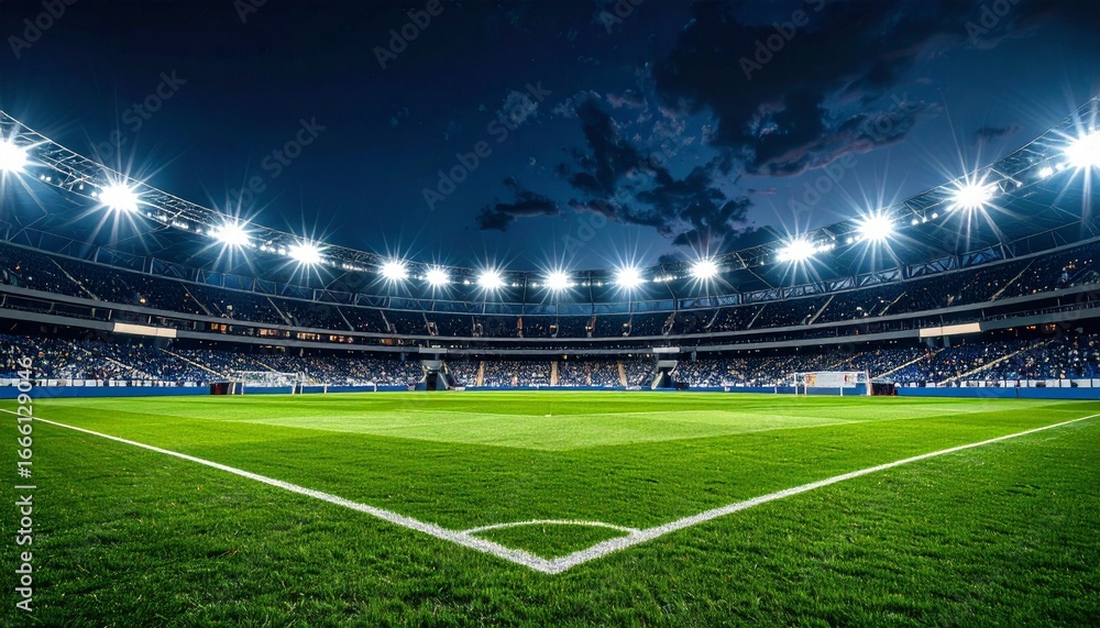 Fototapeta premium An empty, brightly lit soccer stadium at night with vivid green turf and dramatic floodlights—evoking anticipation, collective memory, and the choreography of national pride before rupture.