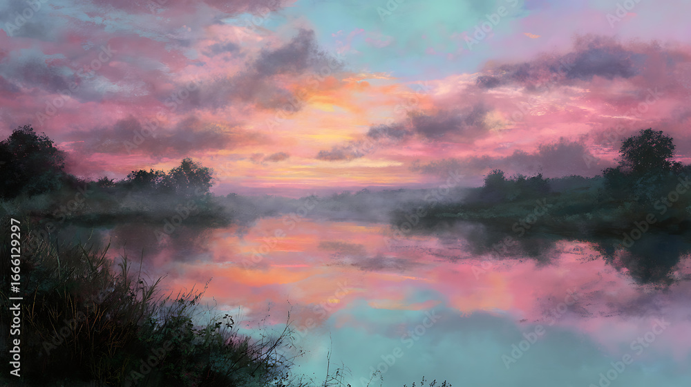 Obraz premium Vibrant sunset reflects on a tranquil river surrounded by lush trees in the early evening