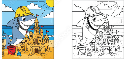 Cute cartoon shark taking a bubble bath with a rubber duck on its head. Vector illustration and coloring page for kids.