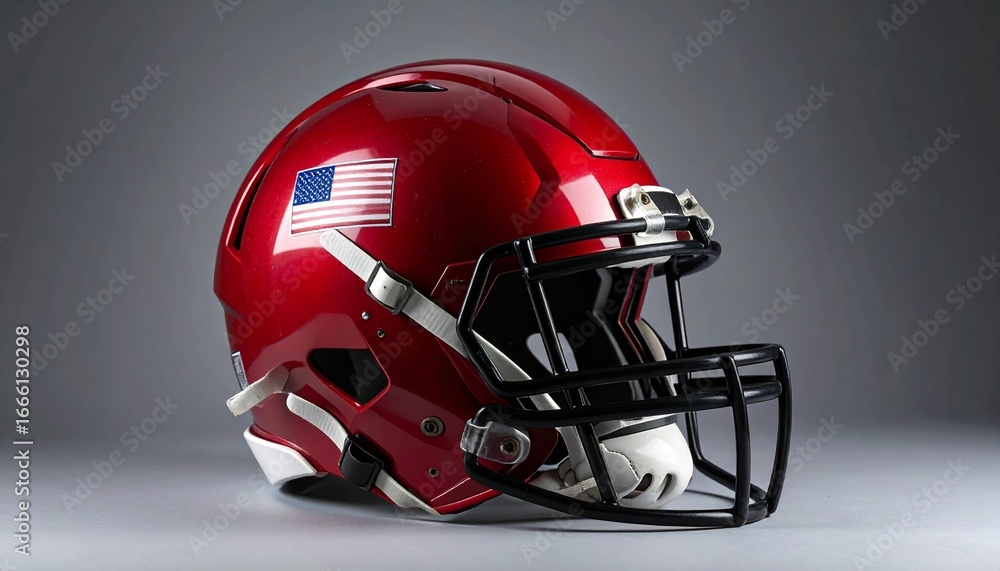 Fototapeta premium A glossy red American football helmet with a stylized American flag decal—evoking themes of national pride, impact, and the choreography of identity under systemic pressure.