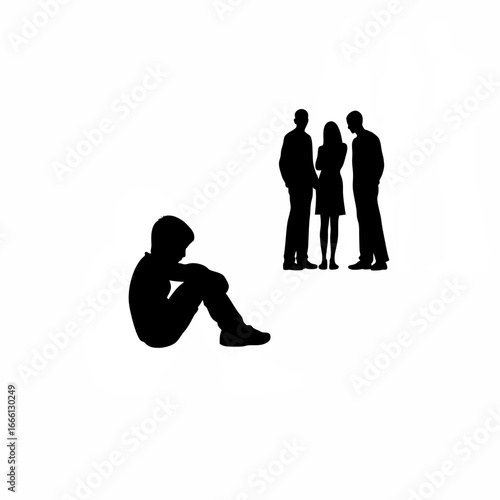 Sad boy hugging knees parents ignoring each other family conflict silhouette on white background isolated on white background