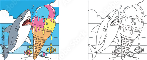 A great white shark licking a giant, melting ice cream cone in the sea. Funny cartoon vector illustration and coloring page.