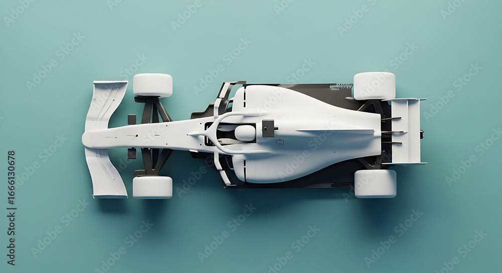 Obraz premium Overhead view of a sleek white modern formula 1 race car model on a muted teal surface in studio lighting