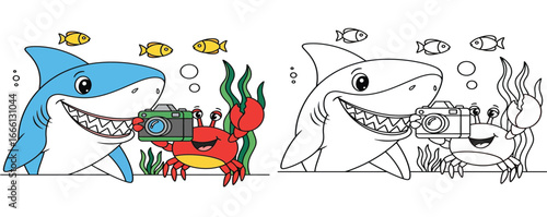 cartoon shark and crab taking a photo underwater with a camera. Coloring book page with a color sample.