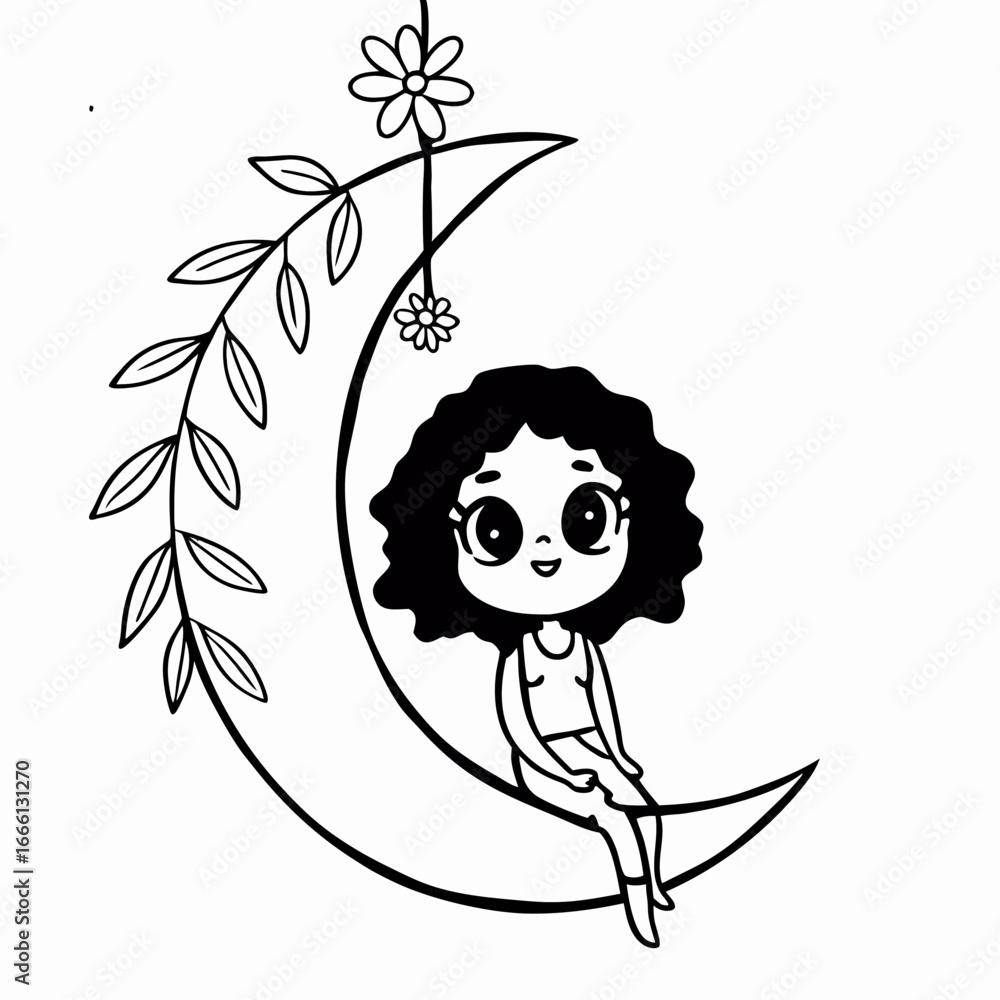 Obraz premium cute chibi girl sitting peacefully on a floral swing line art vector