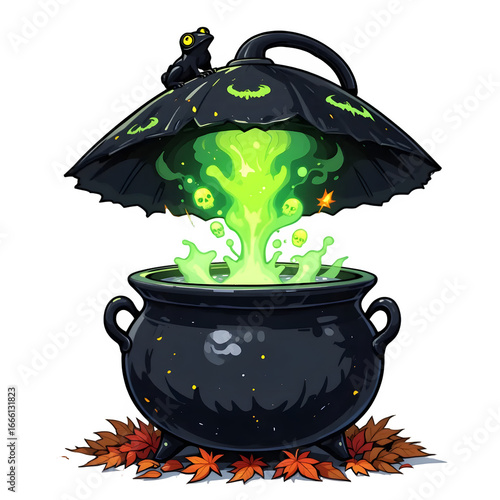 Halloween Clipart Design.Spooky Halloween Cauldron with Bubbling Green Potion and a Frog for Autumn and Mystical Illustrations.PNG on Transparent Background.