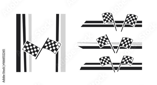 Collection of racing flags and stripes, representing speed, competition, and victory in motorsport events.