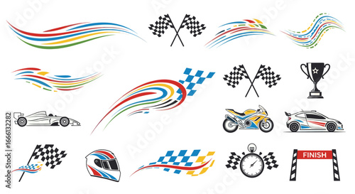 Racing themed graphic elements with flags, cars, helmet, and trophy.
