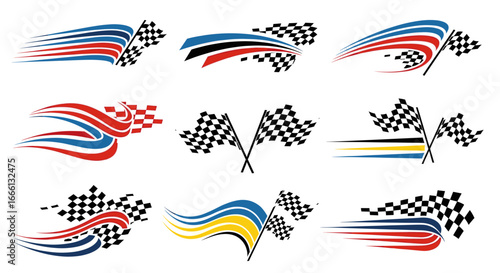 Collection of racing checkered flags with dynamic motion lines and abstract designs.