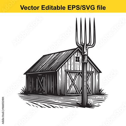 Rustic barn with pitchfork in a rural field, isolated on white background