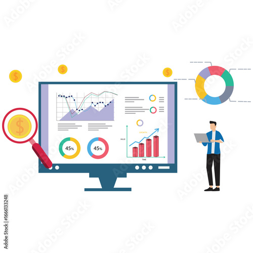 Data analysis on computer screen with financial growth charts