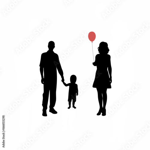 Child holding balloon looking at separated parents silhouette on white background isolated on white background