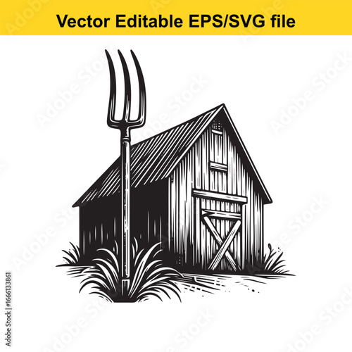 Rustic barn with a pitchfork in front, surrounded by grass, country scene