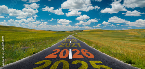 A rural road stretching under the open sky, marked with the years from 2026 to 2030. It symbolises themes such as the new year, future plans, the journey to success, career goals, and life vision.